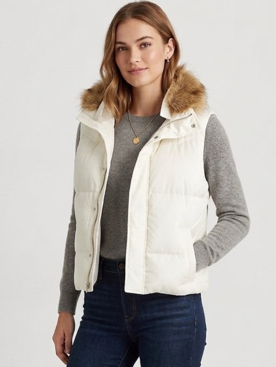 Lauren Ralph Lauren Jackets & Blazers - Lauren Ralph Lauren Down Puffer Vest Stand Faux Fur Collar Sz L Cream/White
